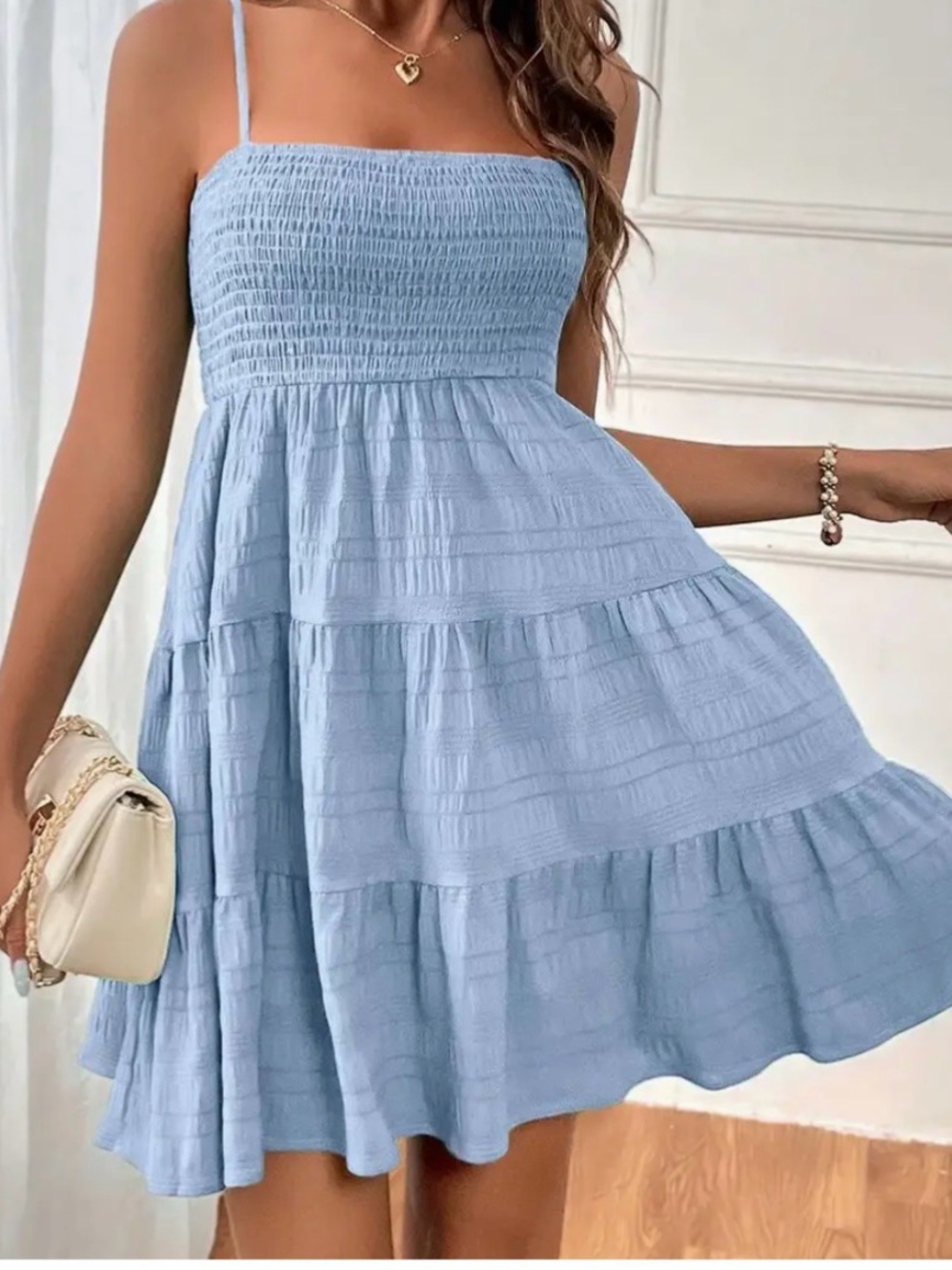 Doublju Light Blue Smocked Spaghetti Strap Summer Dress